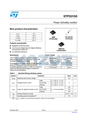 STPS3150 datasheet - Power Schottky rectifier