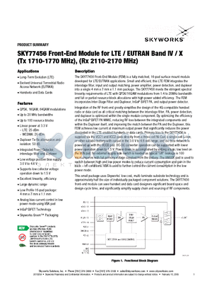 SKY77456 datasheet - Front-End Module for LTE / EUTRAN Band IV / X (Tx 1710-1770 MHz), (Rx 2110-2170 MHz)