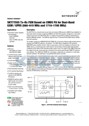 SKY77555 datasheet - Tx-Rx FEM Based on CMOS PA for Dual-Band GSM / GPRS (880-915 MHz and 1710-1785 MHz)