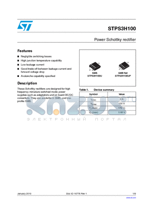 STPS3H100 datasheet - Power Schottky rectifier