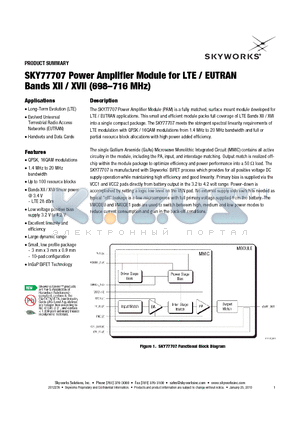 SKY77707 datasheet - Power Amplifier Module for LTE / EUTRAN Bands XII / XVII (698-716 MHz)