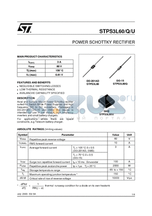 STPS3L60 datasheet - POWER SCHOTTKY RECTIFIER