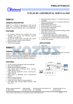 W88611P datasheet - VCD 4X RF AMP/DIGITAL SERVO & DSP