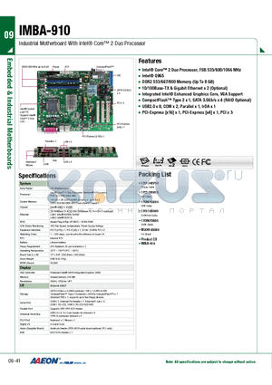 TF-IMBA-910-A10-VE datasheet - Intel^ Core 2 Duo Processor, FSB 533/800/1066 MHz