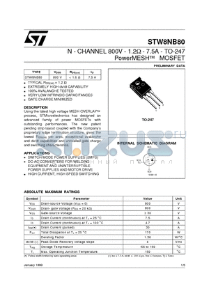 W8NB80 datasheet - N - CHANNEL 800V - 1.2ohm - 7.5A - TO-247 PowerMESH  MOSFET