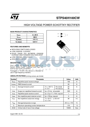 STPS40H100CW datasheet - HIGH VOLTAGE POWER SCHOTTKY RECTIFIER