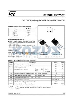 STPS40L15 datasheet - LOW DROP OR-ing POWER SCHOTTKY DIODE