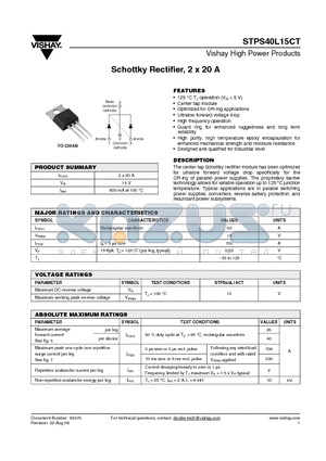 STPS40L15CT datasheet - Schottky Rectifier, 2 x 20 A