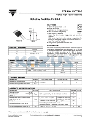 STPS40L15CT datasheet - Schottky Rectifier, 2 x 20 A