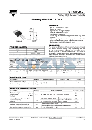 STPS40L15CTPBF datasheet - Schottky Rectifier, 2 x 20 A