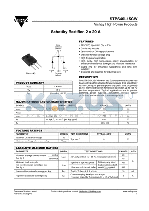 STPS40L15CW datasheet - Schottky Rectifier, 2 x 20 A