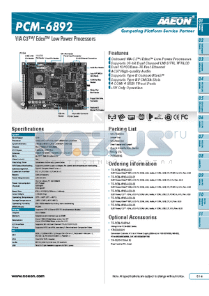 TF-PCM-6892-A20-01 datasheet - Onboard VIA C3/ Eden Low Power Processors
