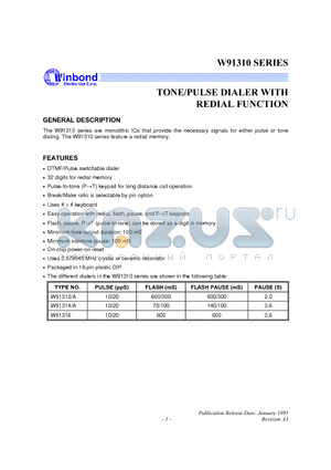 W91314 datasheet - TONE/PULSE DIALER WITH REDIAL FUNCTION