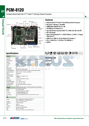 TF-PCM-8120-A10-05 datasheet - Compact Board with VIA C7/ Eden (V4 Bus) Series Processor