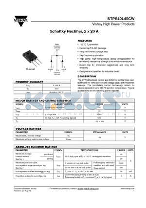 STPS40L45CWPBF datasheet - Schottky Rectifier, 2 x 20 A