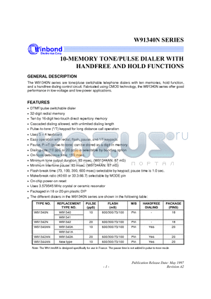 W91340AN datasheet - 10-MEMORY TONE/PULSE DIALER WITH HANDFREE AND HOLD FUNCTION