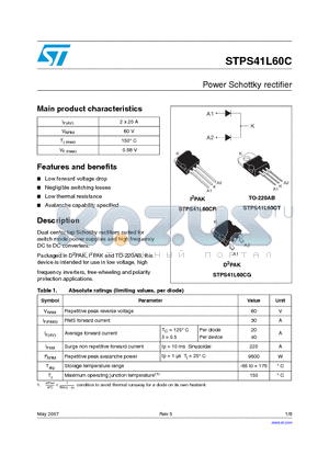 STPS41L60CG-TR datasheet - Power Schottky rectifier