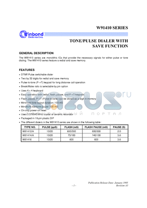 W91414 datasheet - TONE/PULSE DIALER WITH SAVE FUNCTION