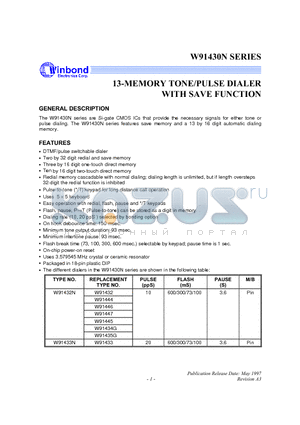 W91432N datasheet - 13-MEMORY TONE/PULSE DIALER WITH SAVE FUNCTION