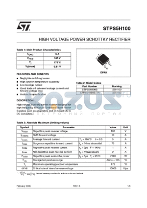 STPS5H100B datasheet - HIGH VOLTAGE POWER SCHOTTKY RECTIFIER