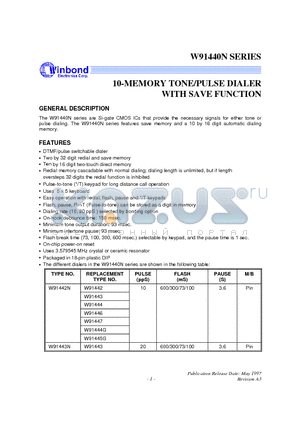 W91440N datasheet - 10-MEMORY TONE/PULSE DIALER WITH SAVE FUNCTION