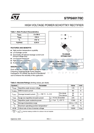 STPS60170C datasheet - HIGH VOLTAGE POWER SCHOTTKY RECTIFIER