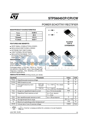 STPS6045CW datasheet - POWER SCHOTTKY RECTIFIER