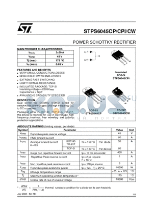 STPS6045CW datasheet - POWER SCHOTTKY RECTIFIER