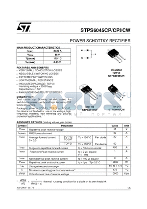STPS6045CPI datasheet - POWER SCHOTTKY RECTIFIER
