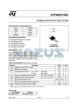 STPS60H100CT datasheet - POWER SCHOTTKY RECTIFIER