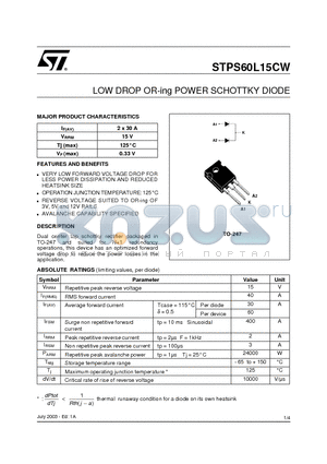 STPS60L15CW datasheet - LOW DROP OR-ing POWER SCHOTTKY DIODE