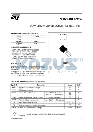 STPS60L30 datasheet - LOW DROP POWER SCHOTTKY RECTIFIER