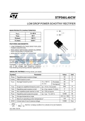 STPS60L40CW datasheet - LOW DROP POWER SCHOTTKY RECTIFIER