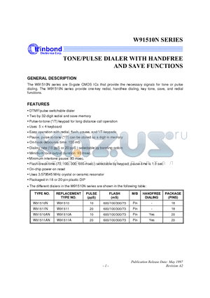 W91511N datasheet - TONE/PULSE DIALER WITH HANDFREE AND SAVE FUNCTION