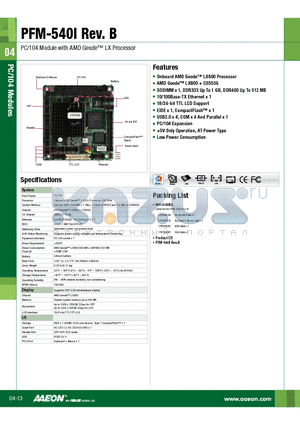 TF-PFM-540I-B10 datasheet - PC/104 Module with AMD Geode Tm LX Processor