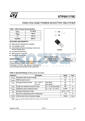 STPS61170C datasheet - HIGH VOLTAGE POWER SCHOTTKY RECTIFIER