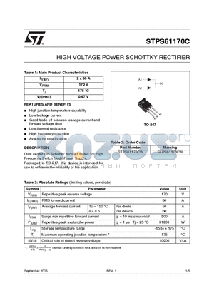 STPS61170CW datasheet - HIGH VOLTAGE POWER SCHOTTKY RECTIFIER