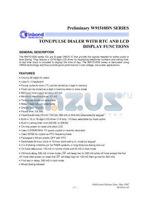 W91513DLNF datasheet - TONE/PULSE DIALER WITH RTC AND LCD DISPLAY FUNCTION