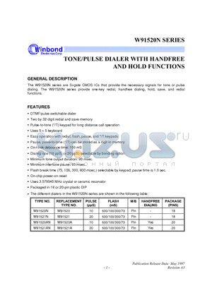 W91520AN datasheet - TONE/PULSE DIALER WITH HANDFREE AND HOLD FUNCTION