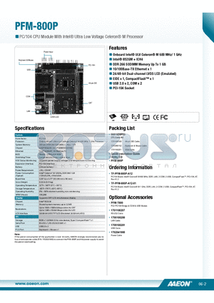 TF-PFM-800P-A12-01 datasheet - Onboard Intel^ ULV Celeron^ M 600 MHz/ 1 GHz