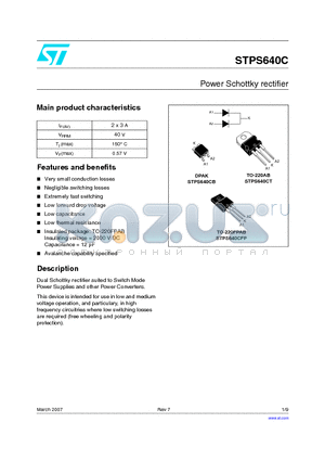 STPS640CB-TR datasheet - Power Schottky rectifier