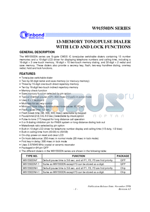 W91550 datasheet - 13-MEMORY TONE/PULSE DIALER WITH LCD AND LOCK FUNCTION
