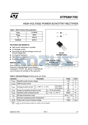 STPS80170C datasheet - HIGH VOLTAGE POWER SCHOTTKY RECTIFIER