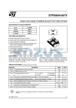 STPS80H100TV datasheet - HIGH VOLTAGE POWER SCHOTTKY RECTIFIER