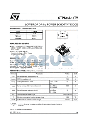 STPS80L15TV datasheet - LOW DROP OR-ing POWER SCHOTTKY DIODE