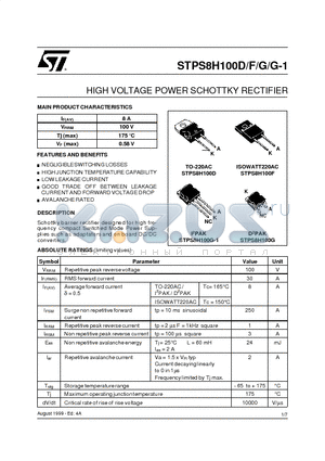 STPS8H100D datasheet - HIGH VOLTAGE POWER SCHOTTKY RECTIFIER