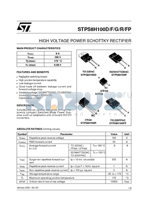 STPS8H100G datasheet - HIGH VOLTAGE POWER SCHOTTKY RECTIFIER