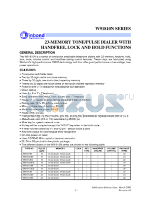 W91810 datasheet - 23-MEMORY TONE/PULSE DIALER WITH HANDFREE, LOCK AND HOLD FUNCTIONS