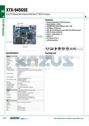 TF-XTX-945GSE-A11-01 datasheet - XTX CPU Module With Onboard Intel Atom N270 Processor