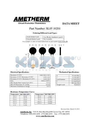 SL0510201 datasheet - Inside Kinked Leads Use -A after Ametherms part # Inside Kinked Leads Use -A after Ametherms part #